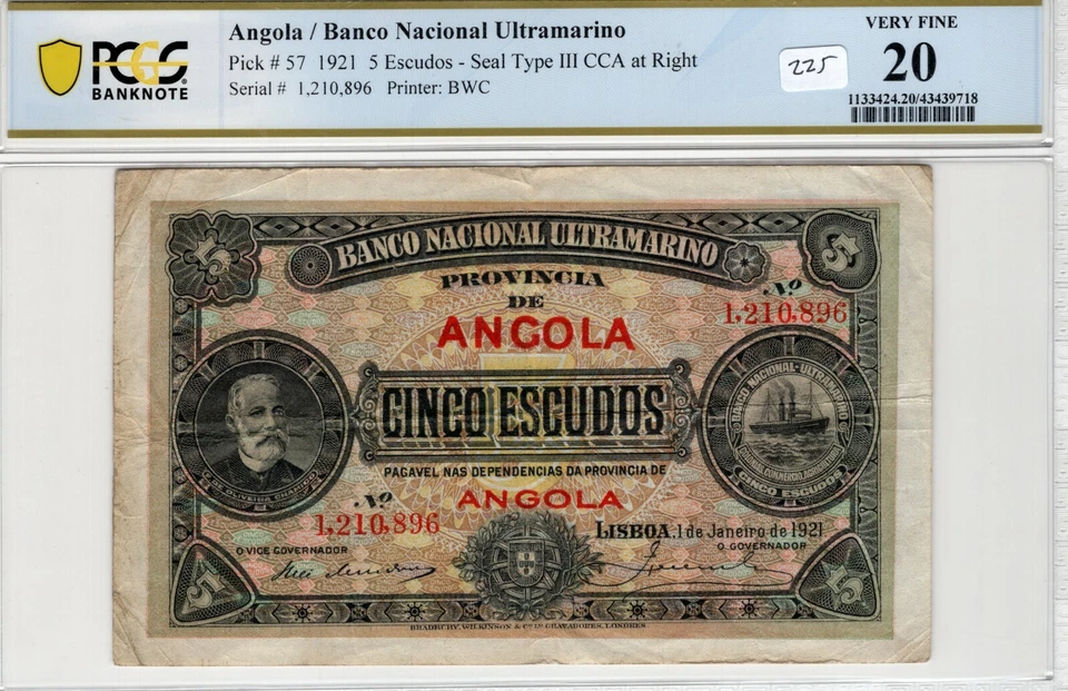 Angola 1921 5 Escudos PCGS Certified Banknote Very Fine 20 Pick 57 - Image 1 of 2