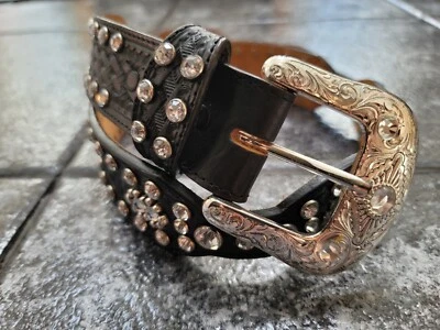 RARO Cinturón Tony Lama Cristal Cuero Negro Talla 28 Mujer Vaquera Occidental Foto 1 de 4