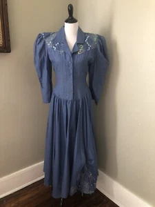 Vintage Western Liz E Parker Jeanskleid mit Knopfleiste und Paillettenverzierungen Größe 8 - Bild 1 von 12