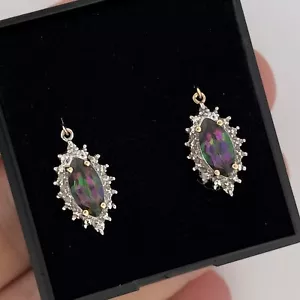 9ct Yellow Gold Mystic Topaz & Diamond Cluster Drop Dangle Hook Earrings - Picture 1 of 4