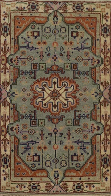Hand-Knotted Wool Carpet Light Blue Geometric Kazak Oriental Indian Rug 3x5 Ft - Image 1 of 4