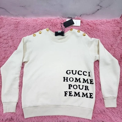 Gucci 'Homme Pour Femme' Embroidered Sweatshirt Cream | Size XXS | MSRP $1500 - Image 1 of 4