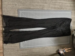 Women Diamond Rhinestone Fishnet Pants Palazzo Mesh Pants Wide Leg Black Sz S - Picture 1 of 3