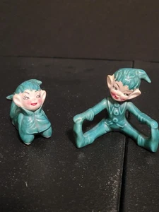 Porcelain MCM Pixie Elf Figures Pair Green Vintage Japan 4" - Picture 1 of 12