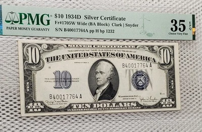 1934 D $10 Silver Certificate Blue Seal Wide PMG Choice VF 35 EPQ Nice Note - Image 1 of 4