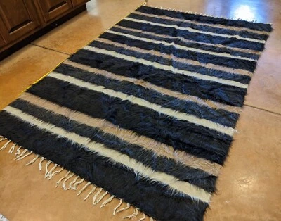 Vintage Striped Wool Hair Turkish Kilim Rug 6'2" X 4'2" Shag Flokati  - Image 1 of 4