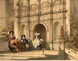 Original antiker viktorianischer Lithographiedruck von 1840 mit dem Titel "Veranda" - Bild 1 von 1