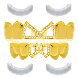 JUEGO DE 2 GRILLZ Rapper Helado Abierto Dientes Superiores Inferiores LS637 G 2 Barra Extendida - Imagen 1 de 4