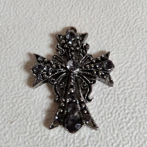 Jerusalem Cross Pendant Silvertone Ornate With Rhinestones Approx. 2 Inch - Picture 1 of 6