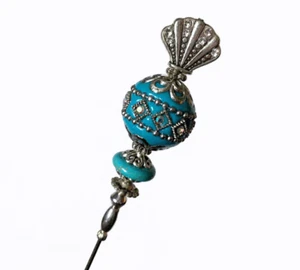 HATPIN with TURQUOISE Indonesian Ceramic Bali Bead & Rhinestones - Silver Finish - Picture 1 of 12
