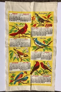 New Vintage 1974 Calendar Tea Dish Towel Song Birds Linen Yellow Unused Cardinal - Picture 1 of 10