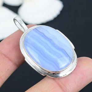 Natural Blue Lace Agate Pendant 925 Sterling Silver Boho Jewelry Gift For Love - Picture 1 of 4
