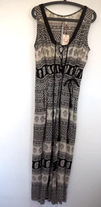 Black Beige Batik Wide Leg Adjustable Waist Keyhole Back Romper Size Large NWT - Picture 1 of 12