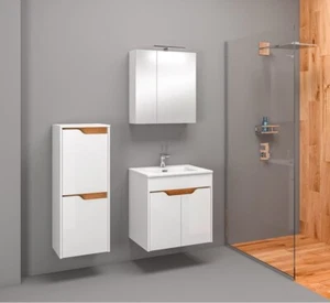 Badmöbel Set mit Waschbecken LIMBA WEISS-EICHE 60cm Hochglanz SOFTCLOSE - Bild 1 von 11