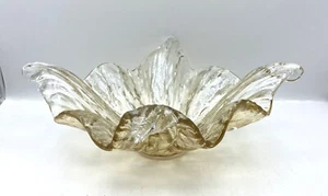 Vtg Blown Rippled Ruffled Art Glass Bowl Candy Dish Gold Accent Murano Style - Picture 1 of 4