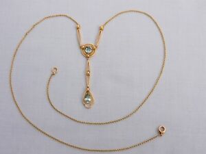 STUNNING EDWARDIAN 15CT YELLOW GOLD AQUAMARINE SEED PEARL Y-DROP NECKLACE - 4.7g