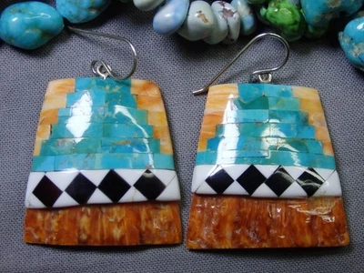 KEWA Reano KINGMAN TURQUOISE Sterling Silver SPINY OYSTER SHELL 1.9" Earrings - image 1 of 4