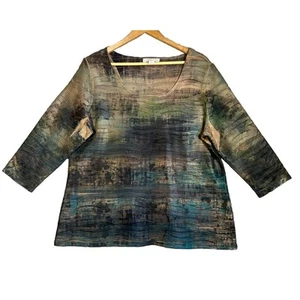 Coldwater Creek Top Large Tan Blue Watercolor 3/4 Sleeve Pleats Texture Stretch - Picture 1 of 14