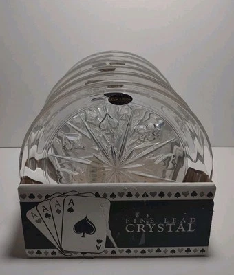 6pc. Fine Lead Crystal 8½" Plates Playing Card Poker Design Made In USA - New - Image 1 of 4