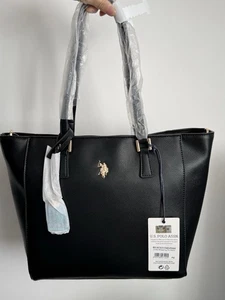 Borsa tote US Polo Assn nera oro Jones bestseller nuova con etichette università scuola lavoro - Foto 1 di 13