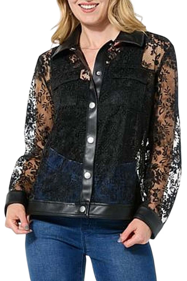 Chaqueta de malla para mujer Colleen Lopez con ribete de cuero sintético negra Foto 1 de 1