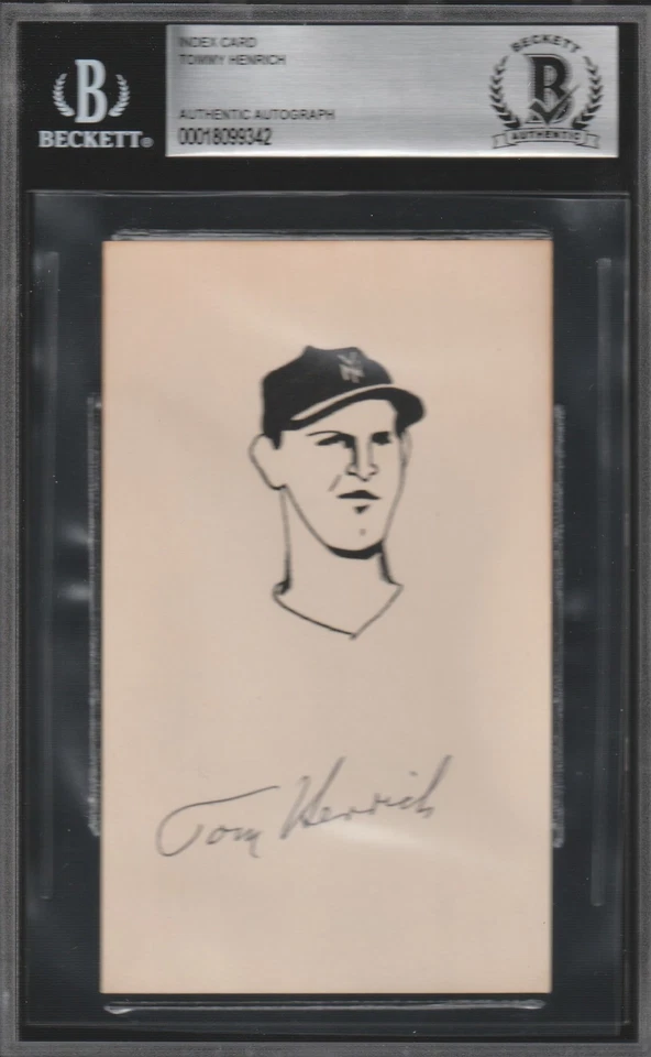 Tommy Henrich (d.2009) Signed Index Card with Player Drawing Autographed BAS - Image 1 of 1