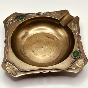 Brass Ashtray Art Nouveau Enamel Leaves Trinket Dish Keys Vintage - Picture 1 of 10