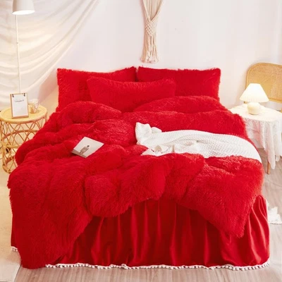 HAIHUA red Fluffy Comforter Cover Set Queen, Soft Shaggy Faux Fur Red Bedding... - Image 1 of 4