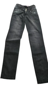 Kokett schwarz Slim Fit Skinny Gürtel Knopf & Reißverschluss Damen Jeans Größe 26x32 - Bild 1 von 11