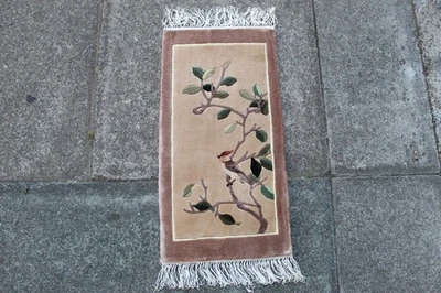 Vintage Silk Rug Hand Made Art Deco Chinese Oriental Brown Small Rug 62x32cm - image 1 of 4