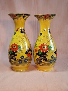 ARCADIAN WARE PAIR OF ANTIQUE YELLOW LUSTRE ORIENTAL PATTERN VASES Damage - Picture 1 of 15