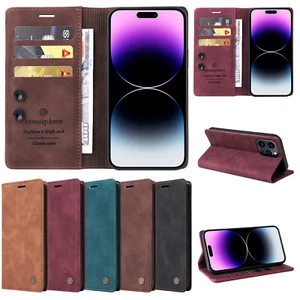 Funda tipo billetera de cuero retro con soporte magnético abatible para iPhone 16 15 14 13 12 11 XR 8 - Imagen 1 de 67