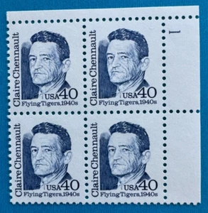 US Stamps Scott 2187 40c 1990 plate block Claire Chennault M/NH Dull gum - Picture 1 of 2