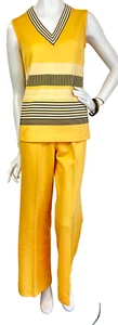 Vtg 70s Knit Polyester Co-Ord Tunic Top Pant Suit Sleeveles Yellow Size X-Small - Picture 1 of 14