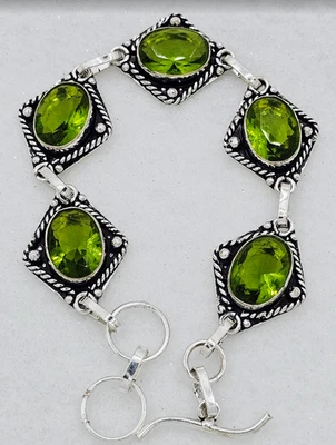 绿色 Peridot 宝石 925 纯银手工西南手链 7-8 英寸 — 第 1/3 张图片