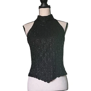 PAPELL BOUTIQUE Evening Jet Black Beaded Silk Halter style scalloped hem. SZ.M - Bild 1 von 10