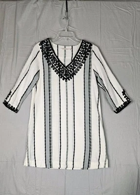 Soft Surroundings Coco De Mer Boho Dress M  V Neck 3/4 sleeve Embroider Cotton - Image 1 of 4