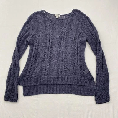 Garnet Hill Sweater Womens Large Blue Gray Cable Knit Open Weave Long Sleeve - Image 1 of 4