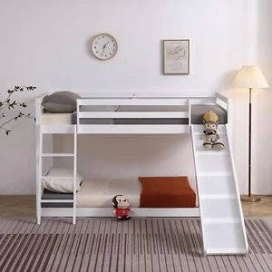 Twin over Twin Low Bunk Bed with Slide and Ladder for Kids Adults Dorm Bedroom - Picture 1 of 8