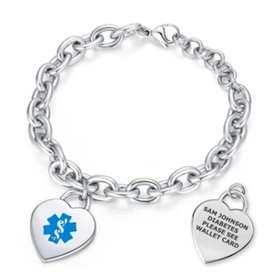 Divoti Medical ID Bracelet Heart Charm Curb Chain (fits up to 8.5" Wrists) - Picture 1 of 20