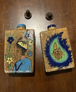 Pair Antique Persian Middle Eastern Iznik Ceramic Bottles 6.5x3.5x2" With Lids - Picture 1 of 20
