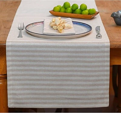 Boho Table Runner for Dining 15”X60” Natural Cotton Farmhouse Woven Striped Tan - Image 1 of 4