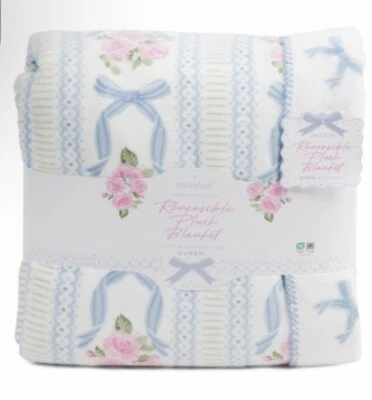 Envogue Delphine Coquette Blue Bow Stripe Rose Reverse QUEEN Blanket NEW-Viral - Image 1 of 4