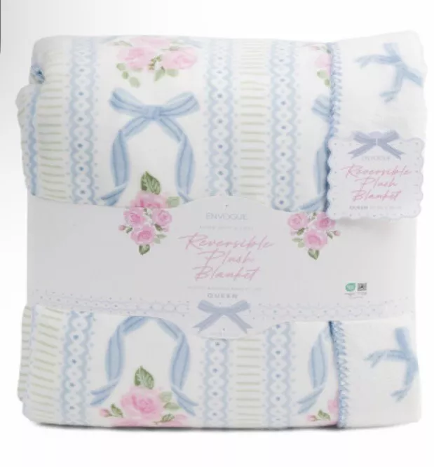 Envogue Delphine Coquette Blue Bow Stripe Rose Reverse QUEEN Blanket NEW-Viral - Image 1 of 4