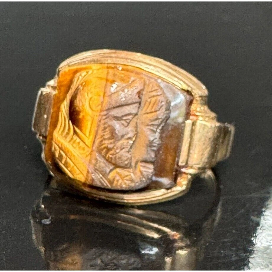 ANILLO CAMAFEO HOMBRE ORO AMARILLO Y OJO DE TIGRE GUERREROS TALLA 11.25 CIELO Foto 1 de 4