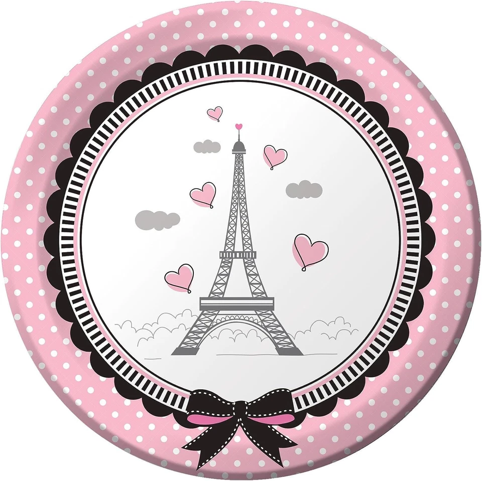 Party in Paris France Eiffel Tower Theme Birthday Party 7" Paper Dessert Plates - Image 1 of 1
