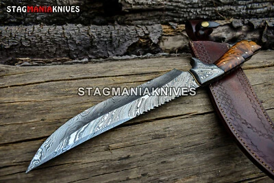 Rare Handmade Damascus Steel Full Tang Hunting Bowie knife Fixed Blade vintage - Image 1 of 4