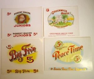 4 Vintage ORIGINAL Cigar Box Labels Greenwich Robert Bacon Big Five Peace TimeG8 - Foto 1 di 2