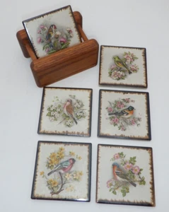 Vintage Bird (6) Coasters with Wood Holder Coasters are 3-1/4" x 3-1/4" MCM - Picture 1 of 11