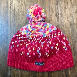 Columbia Pink Multicolor Knit Pom Fleece Lined Winter Beanie Hat Youth large - Picture 1 of 9